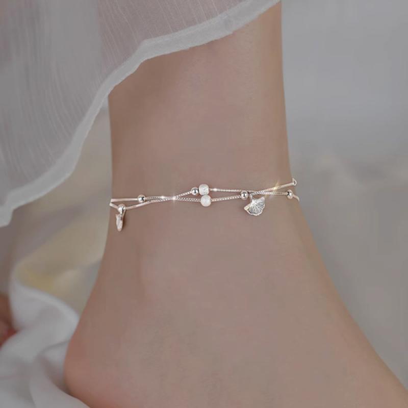 Double-Layer S925 Silver Ginkgo Biloba Charm Anklet