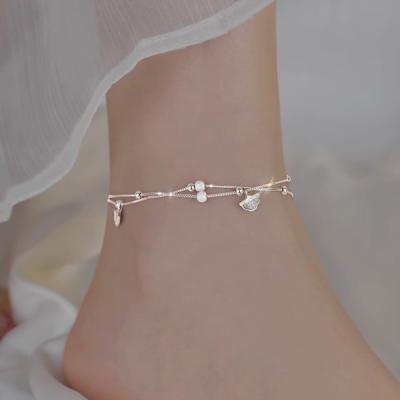 Double-Layer S925 Silver Ginkgo Biloba Charm Anklet